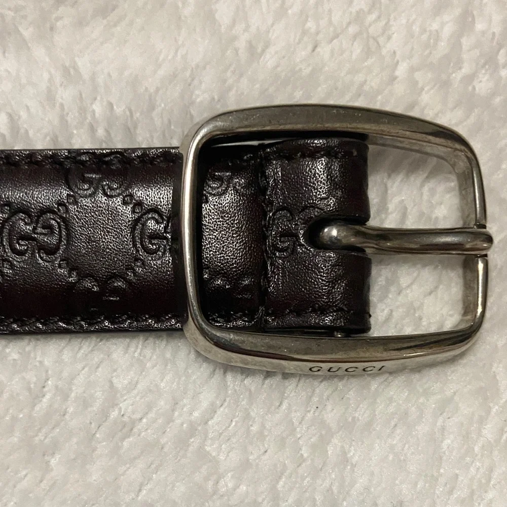 Gucci Chocolate Brown Embossed Leather GG Belt with Silver Buckle